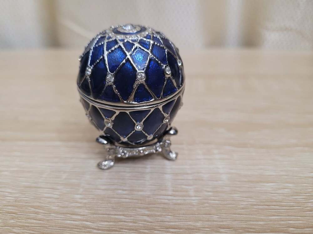Russian "Faberge Egg" Footed Trinket Box and Clock Blue & Silver Rhinestones Mar